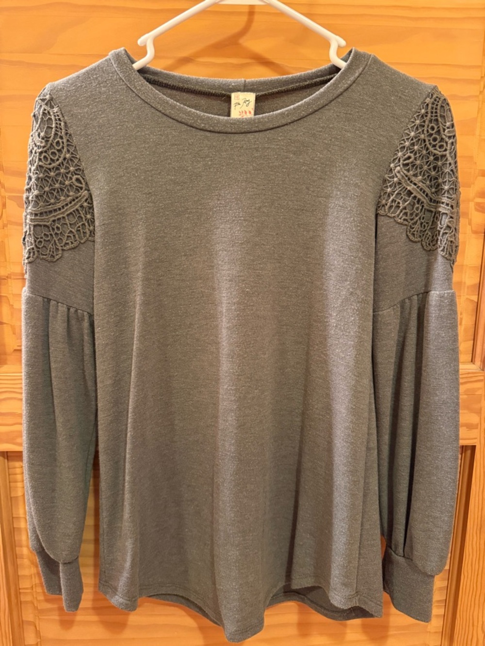 7th Ray Light Army Green Long Sleeve Top with Lace Shoulder Panels
